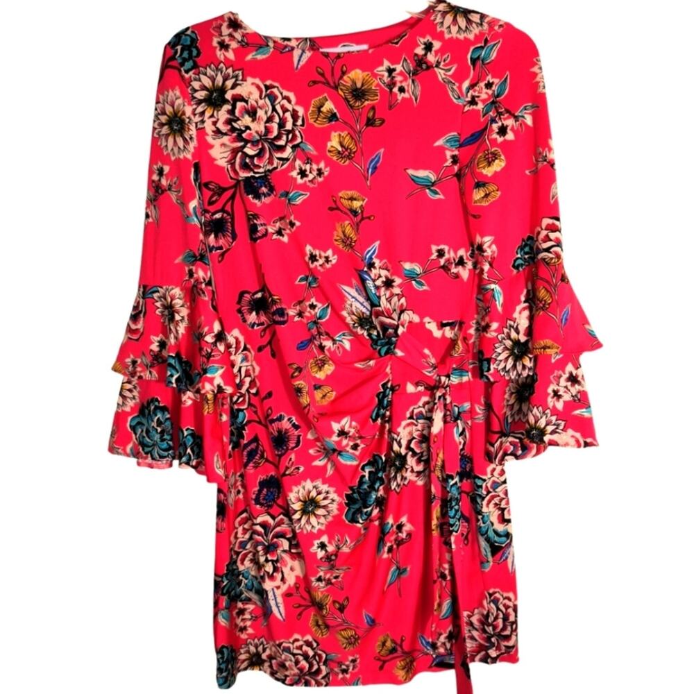 Shelby & Palmer Dress Women's Size 6 Red Floral Long Ruffled Sleeve Tie waist